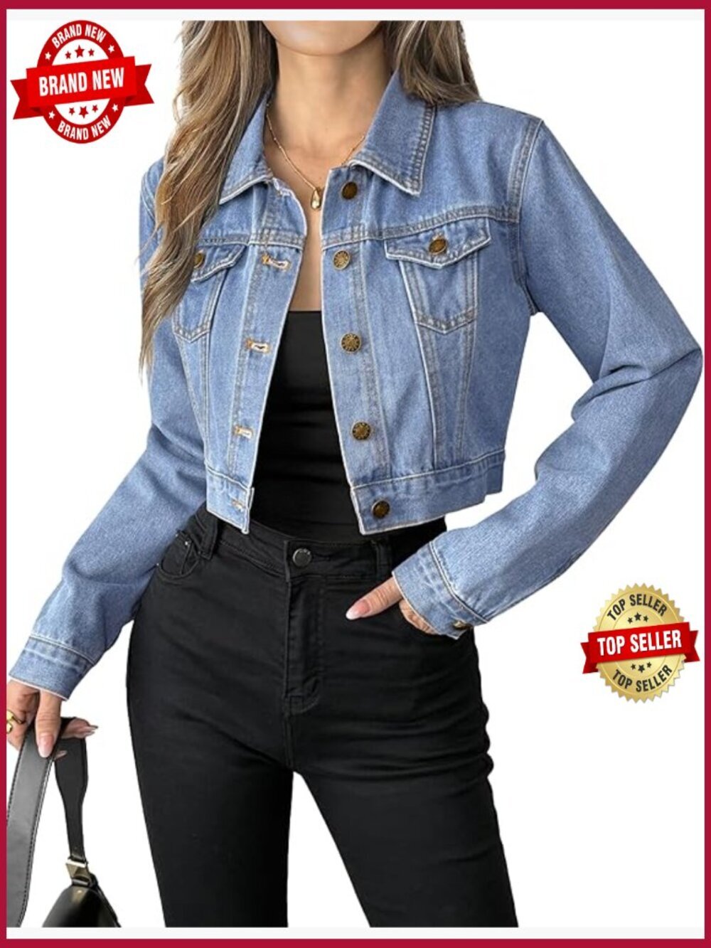 Cropped Denim Jacket Button Down Long Sleeve Trucker with Pockets